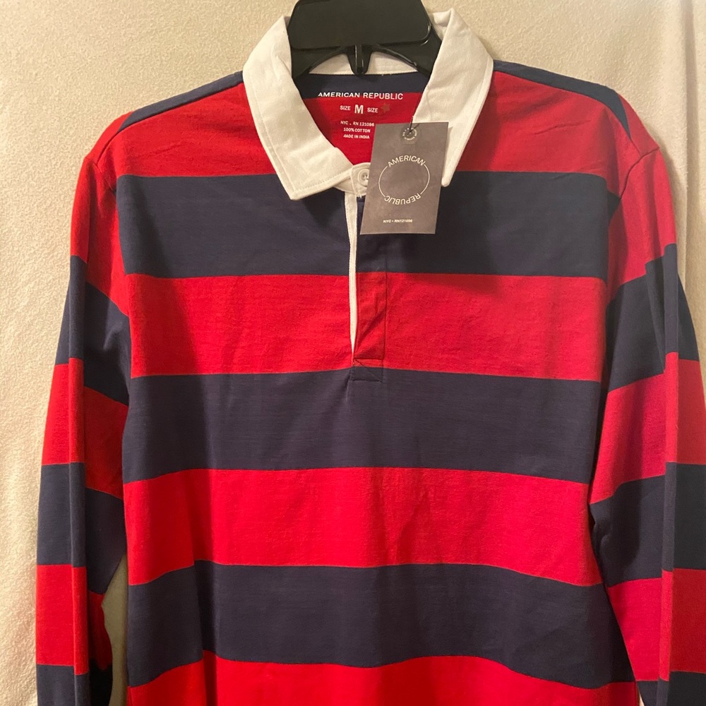 American Republic men’s long sleeve striped polo.